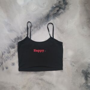 Black Spaghetti Strap Top with Red 'Happy' Embroidery
